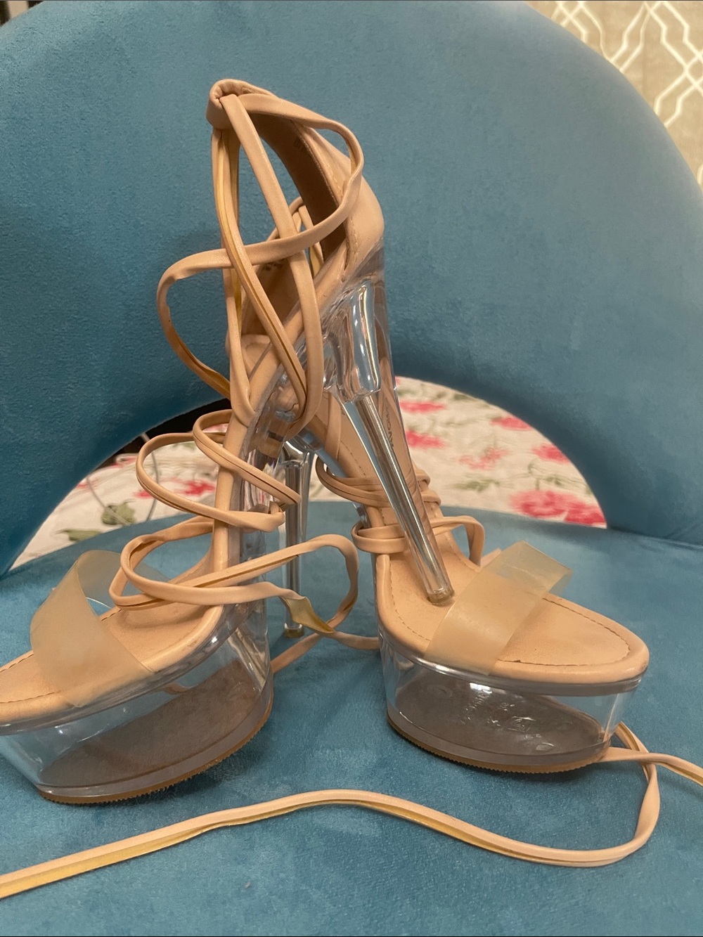 Fashion Nova Beige Lace-Up Clear Platform Heels